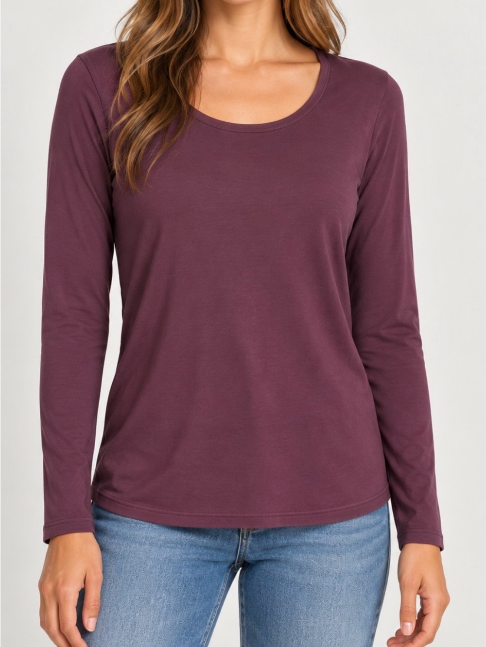 Peruvian Connection Pima Cotton Long Sleeve Scoop Neck Top Eggplant Size Large